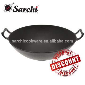 Wok de hierro fundido Preseasoned de descuento con tiradores de lazo